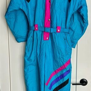 Vintage Blue One Piece Ski/Snowboard Suit with Pink and Purple Accents